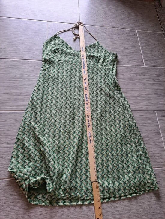 Y2K Green Halter Midi Dress Rope Straps Size 14 Geometric Pattern Boho Retro - Picture 10 of 13